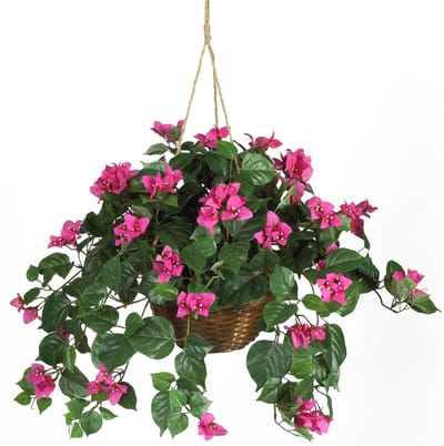Natural Kunstmatige Bougainvillea hangende bloemenmand kunstplant voor binnendecoratie met bruine rieten hangende mand, 81 cm D x 81 cm B x 61 cm H
