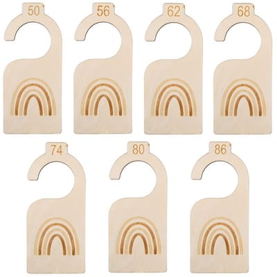 TOVBMUP 7 Stuks Kledinghangers voor Baby- en Peuterkleding - Kleiderbügel met 7 Maten - Geschikt voor Kledingmaten 50 tot 86 - Regenboogdesign Uit Hout - Afmetingen 8x18cm