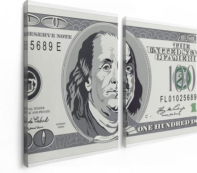 Artaza Canvas Schilderij Tweeluik Geld Dollar Biljet - Briefje van 100 Dollar - 120x80 - Foto Op Canvas - Canvas Print