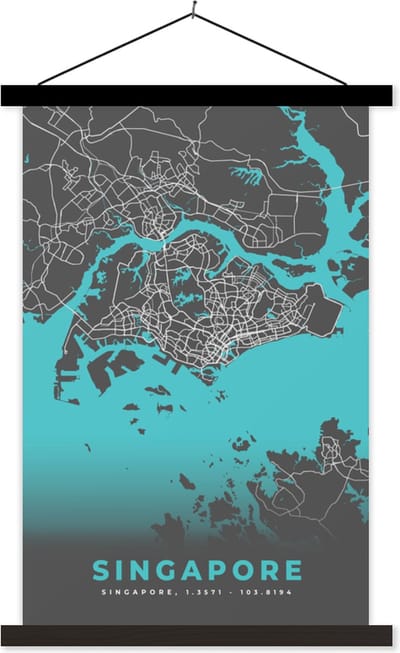 Posterhanger incl. Poster 40x60 cm - Schoolplaat - Stadskaart - Blauw - Singapore - Plattegrond - Kaart - Textielposter - Zwarte latten - Stadskaart