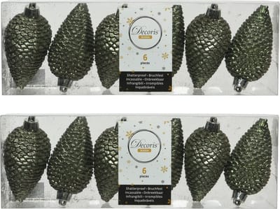 Decoris Kersthangers dennenappels - 12x st - mosgroen - glitter - 8 cm - kunststof - kerstversiering