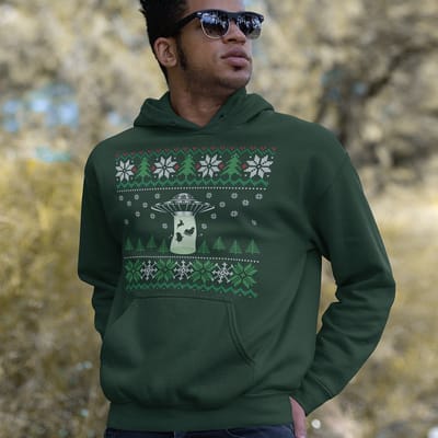 Foute Kerst Hoodie - Kleur Groen - UFO Snowy Trees - Maat XS - Uniseks Pasvorm - Kerstkleding voor Dames & Heren
