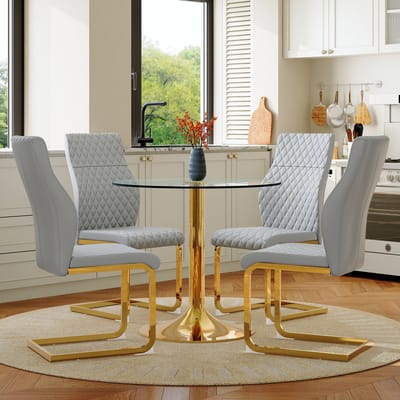 MODENUIT Eetkamerset 4-delig - Ronde Glazen Tafel 85 Cm - Gesteppte Stoelen - Voor Eetkamer - Glas - Lichtgrijs Goud
