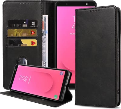 Smartphonica Telefoonhoesje geschikt voor Samsung Galaxy J8 (2018) kunstleren Hoesje met Magnetische sluiting en Pasjeshouders Book Case met Klepje - Zwart geschikt voor Samsung Galaxy J8 2018