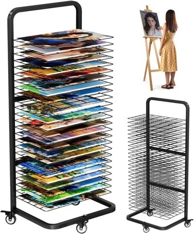 SnelShoppen - Heavy Duty Kunst Schilderij Droogrek Met 25 Afneembare Planken, Mobiele Canvas Opslagstandaard Met Vergrendelbare Wielen Voor Kunststudi