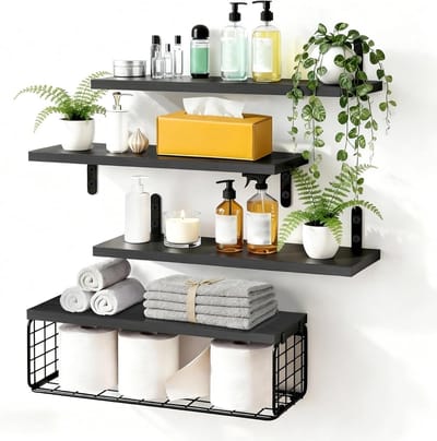 Set van 4 rustieke wandplanken van hout, 40 cm, ideaal voor badkamer, woonkamer en kantoor met metalen manden