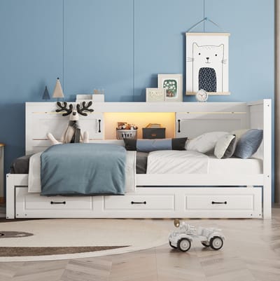 MEUNIQ slaapbank 90 x 200 cm met uitschuifbed, LED-verlichting, opbergruimte, stopcontact en USB, eenpersoons bedbank voor slaapkamer of kinderkamer, wit