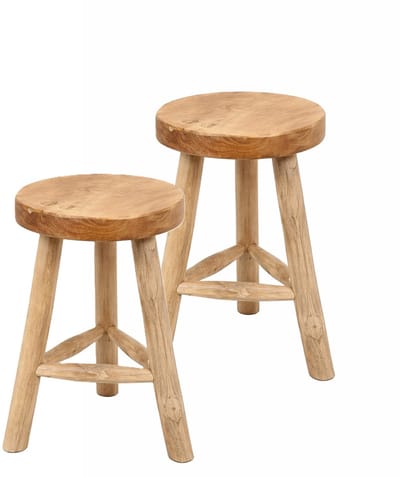 Atmosphera Houten zitkrukje - 2x - D30 x H45 cm - naturel teakhout - zitplaatsen - volwassenen - krukken