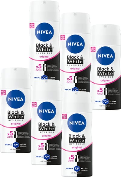 NIVEA Black & White Clear Anti-Transpirant Mini Spray - Original - Reisformaat Deo Anti-vlekken - 72 uur bescherming - 6 x 100ml - Voordeelverpakking
