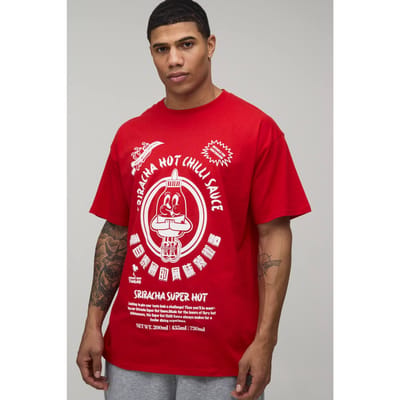 Siracha Hot Chilli Sauce Oversized License Print T-Shirt | Red | Size XS
