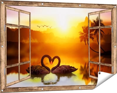 Gards Tuinposter Doorkijk Twee Zwarte Zwanen in een Hart Vorm - 120x80 cm - Tuindoek - Tuindecoratie - Wanddecoratie buiten - Tuinschilderij