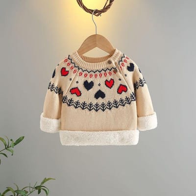 Pull pour filles avec velours épais et double couche hiver pull de base tricoté pour enfants 120 beige