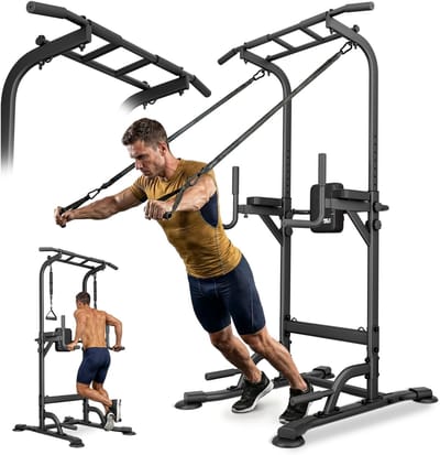 Trex Sport TX-150PR - Trainingsstation - 4-in-1 - Power Tower Dip Station - Pull up bar - Met weerstandsbande - Home Gym - Krachttrainingsapparaat Tot 150 kg - Zwart