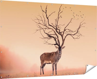 Gards Tuinposter Hert met een Bomen Gewei - 180x120 cm - Tuindoek - Tuindecoratie - Wanddecoratie buiten - Tuinschilderij