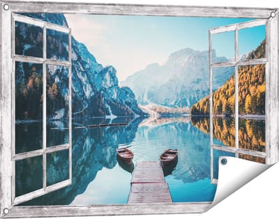 Gards Tuinposter Doorkijk Twee Bootjes op het Meer in de Bergen - 90x60 cm - Tuindoek - Tuindecoratie - Wanddecoratie buiten - Tuinschilderij