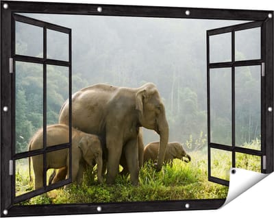 Gards Tuinposter Doorkijk Olifanten Familie in de Jungle - Olifant - 120x80 cm - Tuindoek - Tuindecoratie - Wanddecoratie buiten - Tuinschilderij