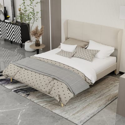DESMIU Gestoffeerd Bed 160x200cm Modern Hoofdbord Met Zachte Rugleuning Stevige Slaapoplossing Zonder Opbergruimte Voor Slaapkamer Beige Zonder Matras