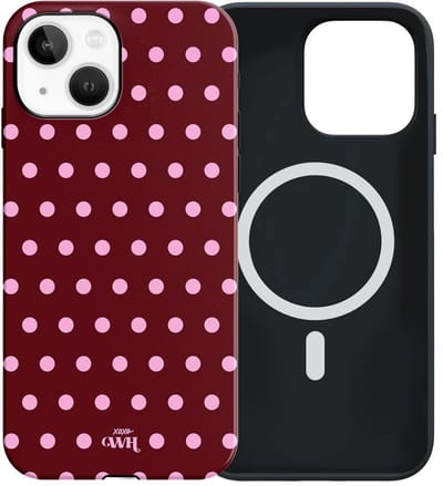 xoxo Wildhearts Polka Dots (Burgundy) - Double Layer - Magnetisch hoesje geschikt voor iPhone 13 MagSafe - Hard case met stippenpatroon - Beschermhoes - Shockproof case - Stippatroon - Burgundy / Bordeauxrood