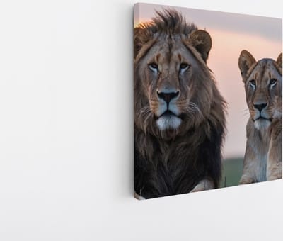 Saammp Canvas Schilderij - Leeuw en Leeuwin - Dieren - Natuur - 20x20 - Foto op canvas - Wanddecoratie - Muurdecoratie Woonkamer - Slaapkamer decoratie - Canvas Print