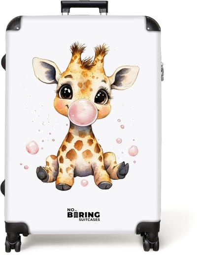 NoBoringSuitcases.com® - Koffer groot - Reiskoffer lichtgewicht - Giraffe met roze kauwgombal - Rolkoffer met 4 wielen - Grote trolley XL - 98 liter bagage