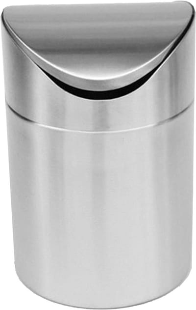 Mini Prullenbak - Afvalbakje Tafel - Ruimte Opruimen - Aftenschuin Deksel - 16 cm Hoog - Zilver