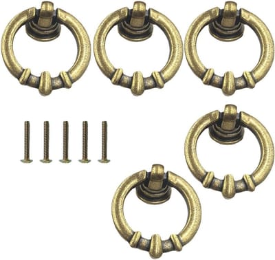 Vintage Ring Pull Handgrepen Set van 5, Ronde Trekhandvatten voor Lades, Kasten en Meubels in Messingkleur