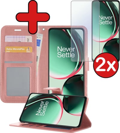 Hoesje - Met 2x Screenprotector - Geschikt voor OnePlus Nord CE 3 Lite - Luxe Pasjeshouder - Flip Case - Bookcase Portemonee - Kunstleer Book Case - Flipcase Hoes - Book Cover - Walletcase - Portemonneehoes - Telefoonhoes - Rosé goud