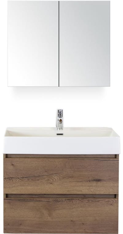 Maxx XL Badmeubelset 80 cm - Tabacco - Wastafel Kube 1 Kraangat met Spiegelkast