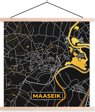 Posterhanger incl. Poster 40x40 cm - Schoolplaat - Kaart - Maaseik - Plattegrond - Stadskaart - Goud - Textielposter - Blanke latten - Stadskaart