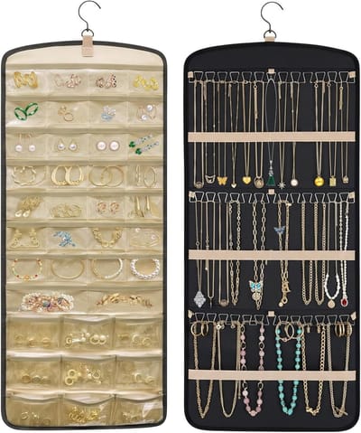 Dubbelzijdige Sieraden Organizer met 39 Compartimenten en 3 Haakjes, Ideaal voor Oorbellen en Kettingen, Ruimtebesparende Sieradenopslag