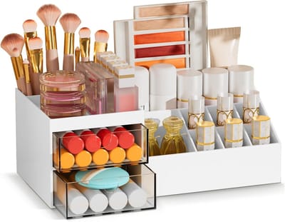 Famanu – Make-up organizer met laden en vakken, multifunctionele kunststof opbergoplossing voor badkamer en bureau