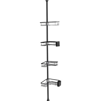 Étagère de douche d'angle à tige télescopique 4 niveaux sans perçage Organisateur de rangement d'angle de salle de bain Support d'angle de douche antirouille pour black
