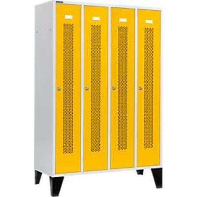 Schäfer Shop Select Kledinglocker met geperforeerde lijnen, 4 compartimenten, met poten, cilinderslot, Deur koolzaadgeel