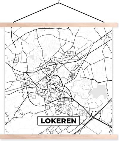 Posterhanger incl. Poster 40x40 cm - Schoolplaat - België – Lokeren – Stadskaart – Kaart – Zwart Wit – Plattegrond - Textielposter - Blanke latten - Stadskaart