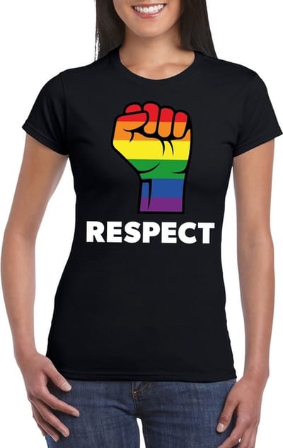Respect LGBT shirt met regenboog vuist zwart dames - LGBT/ Lesbische shirts S