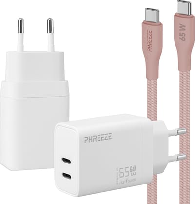 Phreeze usb C oplader 65w met kabel - Power Delivery snellader met 2 usb C poorten - voor laptop, telefoon & tablet - Roze oplaadkabel