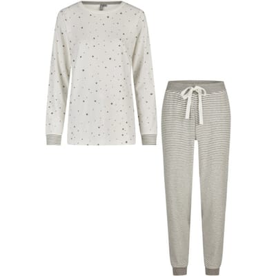By Louise Dames Winter Pyjama Set Lang Badstof Sterren Wit - Maat XXL