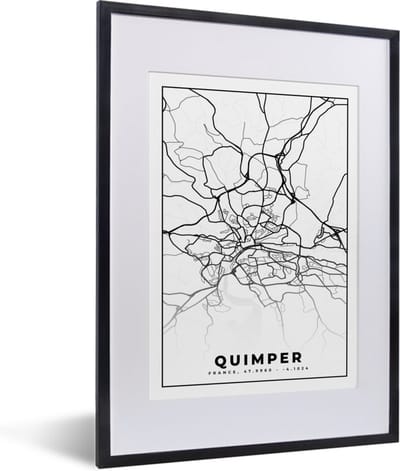 Fotolijst incl. Poster Zwart Wit- Stadskaart - Plattegrond - Quimper - Kaart - Frankrijk - Zwart wit - 30x40 cm - Posterlijst