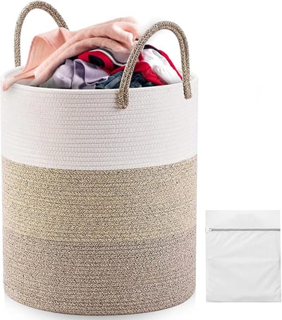 Ruime wasmand van katoen, 58 liter, met 2 waszakken en sterke handgrepen voor wasgoed, speelgoed en dekens