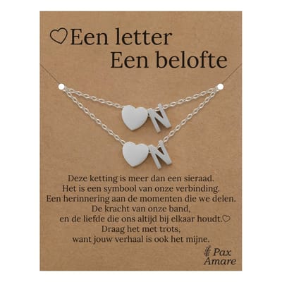 Letter N ketting + armband set op Cadeau Kaartje - Een letter, een belofte - Zilverkleurig Stainless Steel - Initiaal & Hartje Hanger - Pax Amare