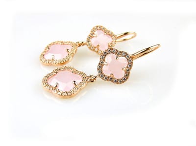 model Double Fiori klein gezet oorringen in zilver rozegoud verguld roze steen en cubic zirconia