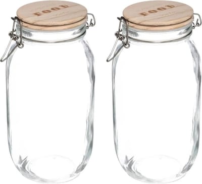 5Five Weckpot/voorraadpot - 2x stuks - 2L - glas - houten deksel en beugelsluiting - luchtdichte afsluiting