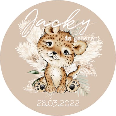 Geboorte aankondiging raam-sticker buitenkant raam-rond-Baby is geboren-beige leeuwtje-naam en geboortedatum-35x35cm