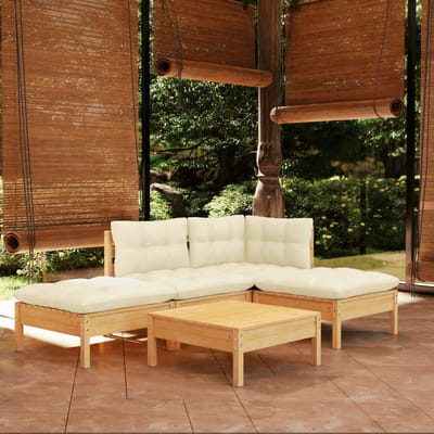 vidaXL - 5-delige - Loungeset - met - crèmekleurige - kussens - grenenhout