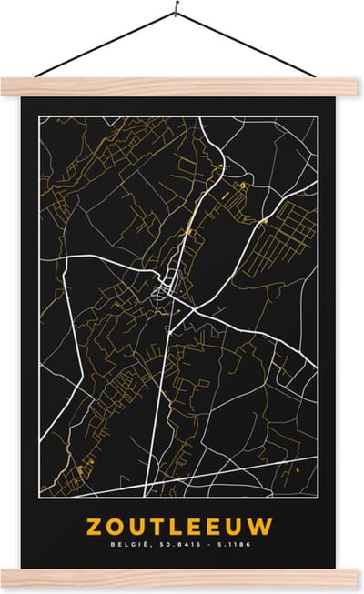 Posterhanger incl. Poster 40x60 cm - Schoolplaat - Zoutleeuw - Stadskaart - Plattegrond - Kaart - Goud - Textielposter - Blanke latten - Stadskaart