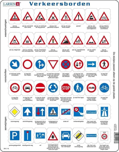 Larsen Verkeersborden – Puzzel – Voertuigen & Techniek – Verkeer – Educatieve legpuzzel voor kinderen – 48 stukjes – Gemaakt in Noorwegen – Extra dikke 2,5 mm stukjes – Tray met vaste rand