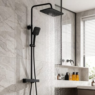 Auralum Regendouche met Thermostaatkraan - Doucheset - 12 Inch Douchekop - 3 functies Handdouche - Thermostatische Mengkraan - Anti-Verbrandingsbescherming - Waterbesparend - Mat Zwart