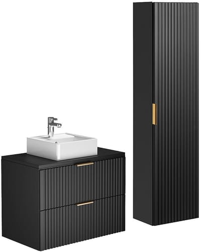 Vente-unique Geribbeld hangmeubel met opbouwwastafel en kast - Zwart - 80 cm - ZEVARA