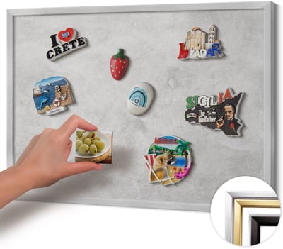 Wallfluent - Grijs Magneetbord met Ontwerpen - 60 cm x 40 cm - Magneetbord met Zilveren Frame - Betonnen muurtextuur - Magneetbord voor Reissouvenirs - Design Magneetbord met Frame - Magnetisch Bord Foto Bevestiging