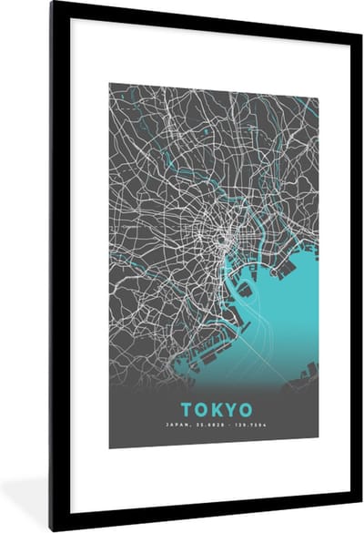 Fotolijst incl. Poster - Tokyo - Stadskaart - Blauw - Plattegrond - Kaart - 60x90 cm - Posterlijst